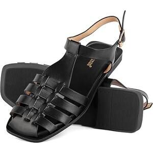 MaxMuxun Womens Size 10 Black Faux Leather Closed Toe Non Slip Flat Sandal Shoes